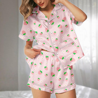 Strawberry Satin Pajamas Short Set, Pink Fruit And Flower Print Womens Pj Set, Cute Sleepwear For Summer Nights, Gift For Her