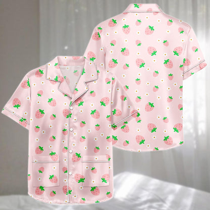 Strawberry Satin Pajamas Short Set, Pink Fruit And Flower Print Womens Pj Set, Cute Sleepwear For Summer Nights, Gift For Her