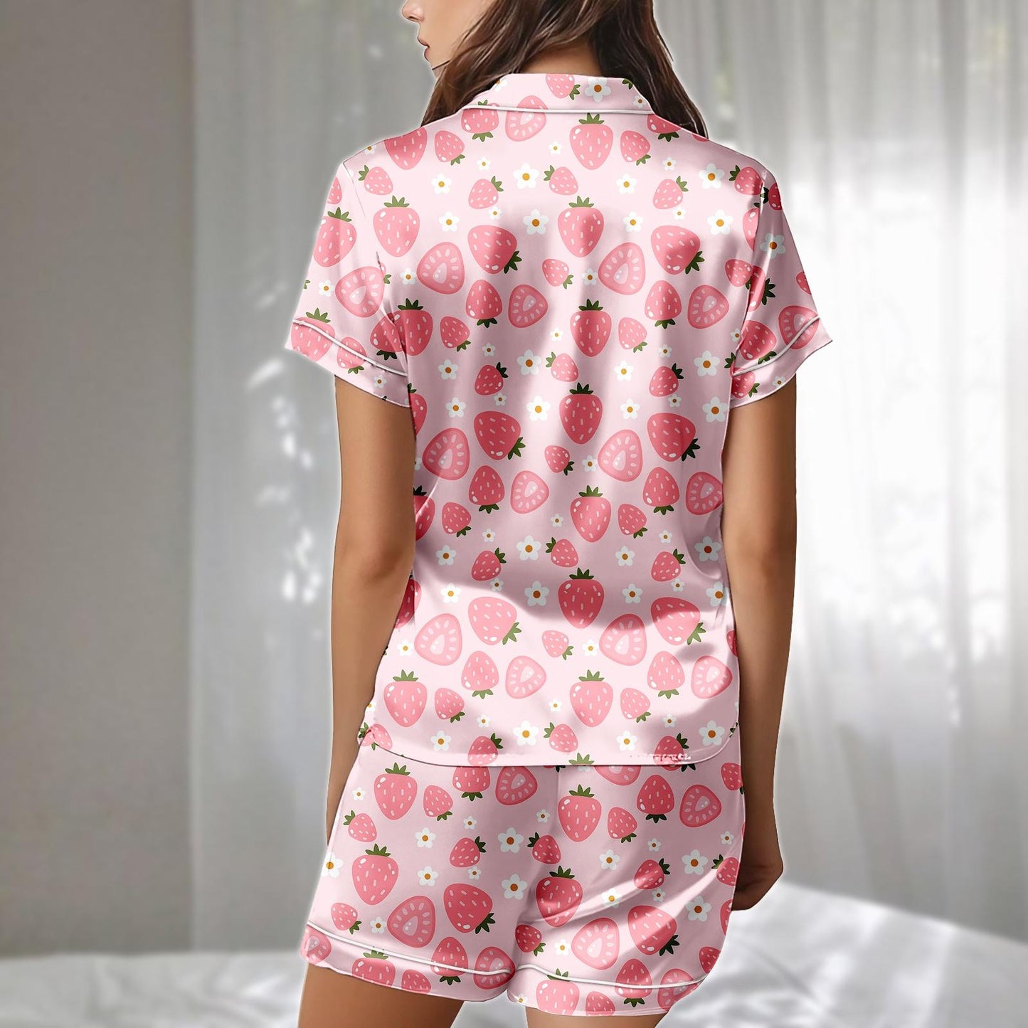 Pastel Strawberry Satin Pajamas Set, Pink Short Loungewear Set With Hearts And Daisies, Adorable Matching Pajamas, Gift For Her