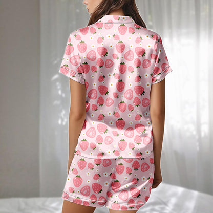 Pastel Strawberry Satin Pajamas Set, Pink Short Loungewear Set With Hearts And Daisies, Adorable Matching Pajamas, Gift For Her