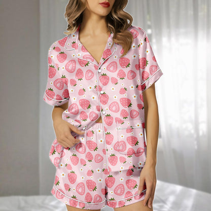 Pastel Strawberry Satin Pajamas Set, Pink Short Loungewear Set With Hearts And Daisies, Adorable Matching Pajamas, Gift For Her