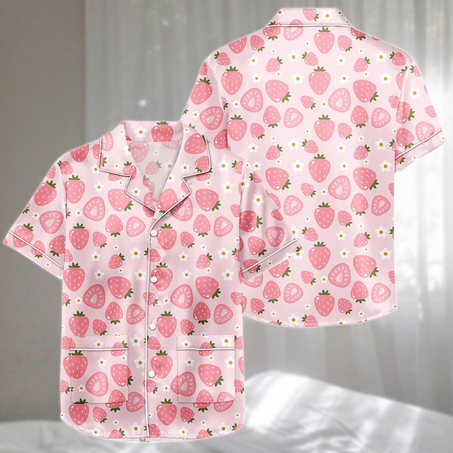 Pastel Strawberry Satin Pajamas Set, Pink Short Loungewear Set With Hearts And Daisies, Adorable Matching Pajamas, Gift For Her