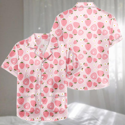 Pastel Strawberry Satin Pajamas Set, Pink Short Loungewear Set With Hearts And Daisies, Adorable Matching Pajamas, Gift For Her