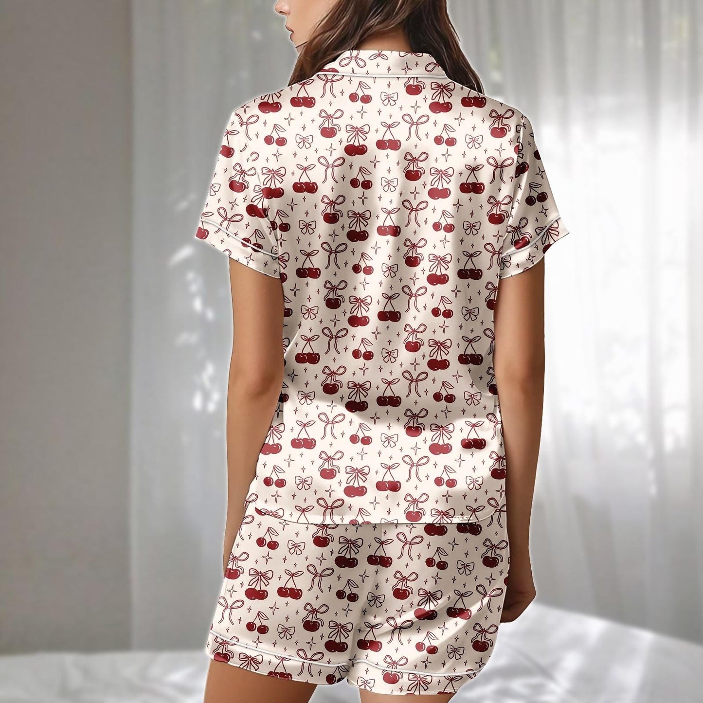 Cherry Bow Satin Pajamas Short Set, Red Fruit And Ribbon Sleepwear, Coquette Aesthetic Loungewear, Cute Holiday Pajamas, Gift For Her
