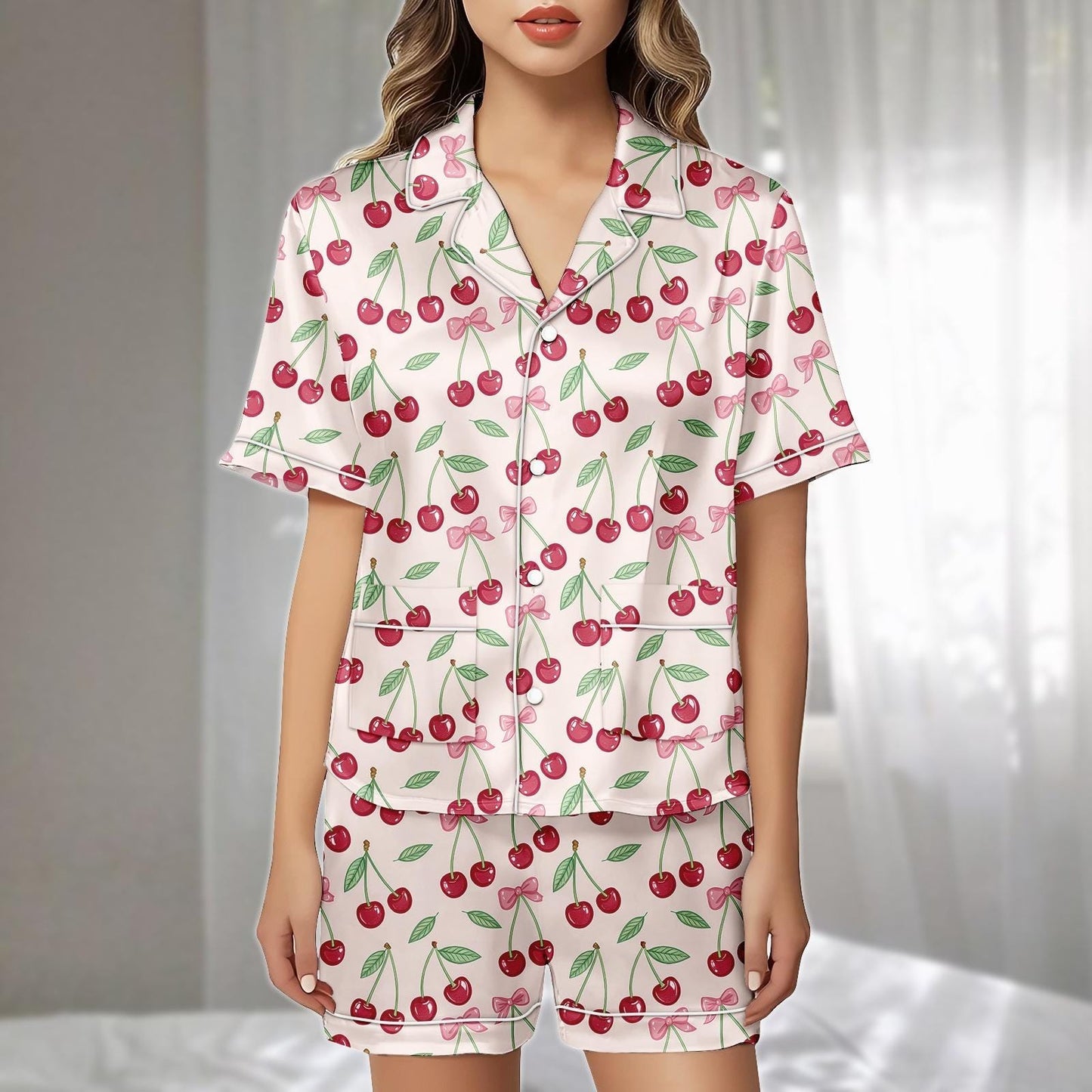 Cherry Bow Satin Pajamas Short Set, Cute Pink Ribbon And Fruit Print Sleepwear, Coquette Summer Pjs, Holiday Pajamas, Funny Gift