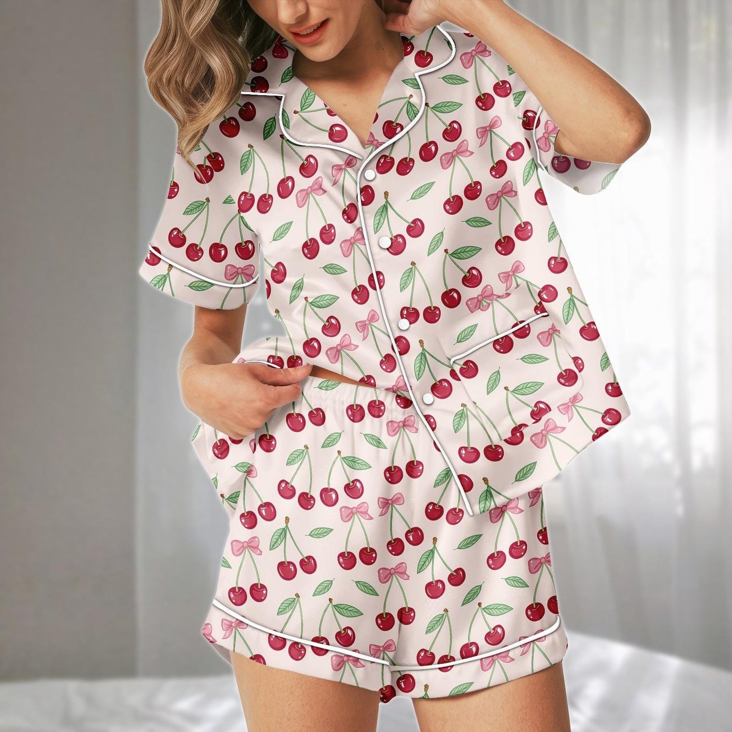 Cherry Bow Satin Pajamas Short Set, Cute Pink Ribbon And Fruit Print Sleepwear, Coquette Summer Pjs, Holiday Pajamas, Funny Gift