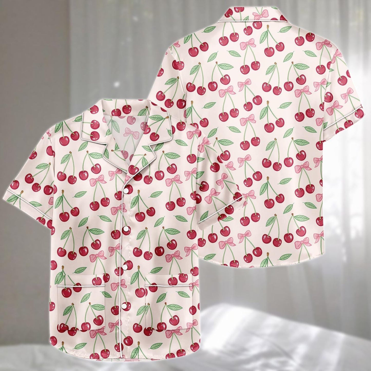 Cherry Bow Satin Pajamas Short Set, Cute Pink Ribbon And Fruit Print Sleepwear, Coquette Summer Pjs, Holiday Pajamas, Funny Gift