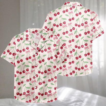 Cherry Bow Satin Pajamas Short Set, Cute Pink Ribbon And Fruit Print Sleepwear, Coquette Summer Pjs, Holiday Pajamas, Funny Gift