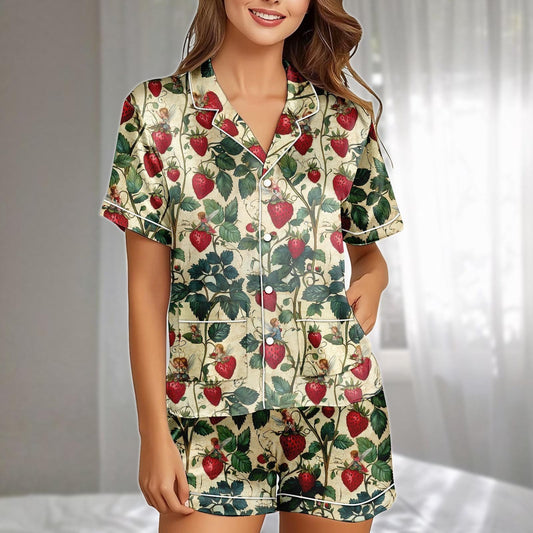 Vintage Strawberry Botanical Satin Pajamas Set, Antique Fruit Print Short Sleepwear, Cottagecore Garden Matching Pajamas, Funny Gift