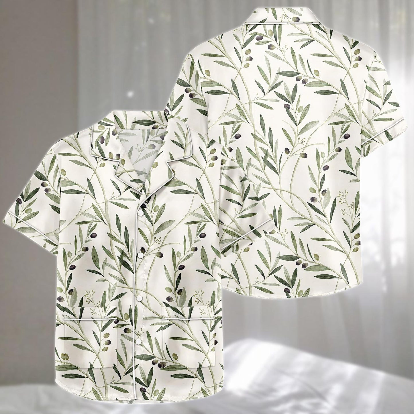 Olive Satin Pajamas Set, Mediterranean Botanical Sleepwear, Elegant Nature Inspired Short Loungewear, Cute Matching Pjs, Gift For Her