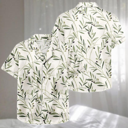 Olive Satin Pajamas Set, Mediterranean Botanical Sleepwear, Elegant Nature Inspired Short Loungewear, Cute Matching Pjs, Gift For Her