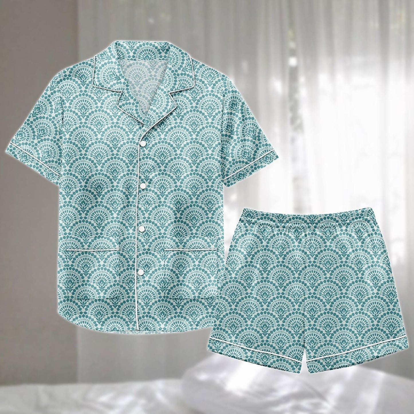 Art Deco Satin Pajamas Short Set, Teal Fan Pattern Sleepwear, Elegant Vintage Loungewear, Classy Nightwear Women Pajamas, Gift For Her