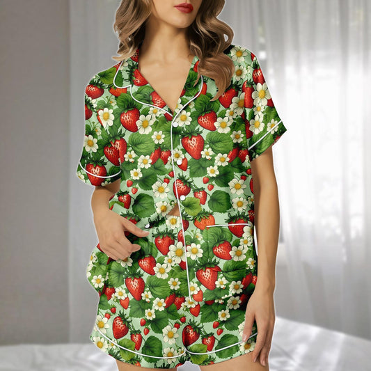 Strawberry Floral Satin Short Pajamas Set, Summer Fruit Print Sleepwear, Cute Garden Loungewear, Cute Matching Pajamas, Gift For Her