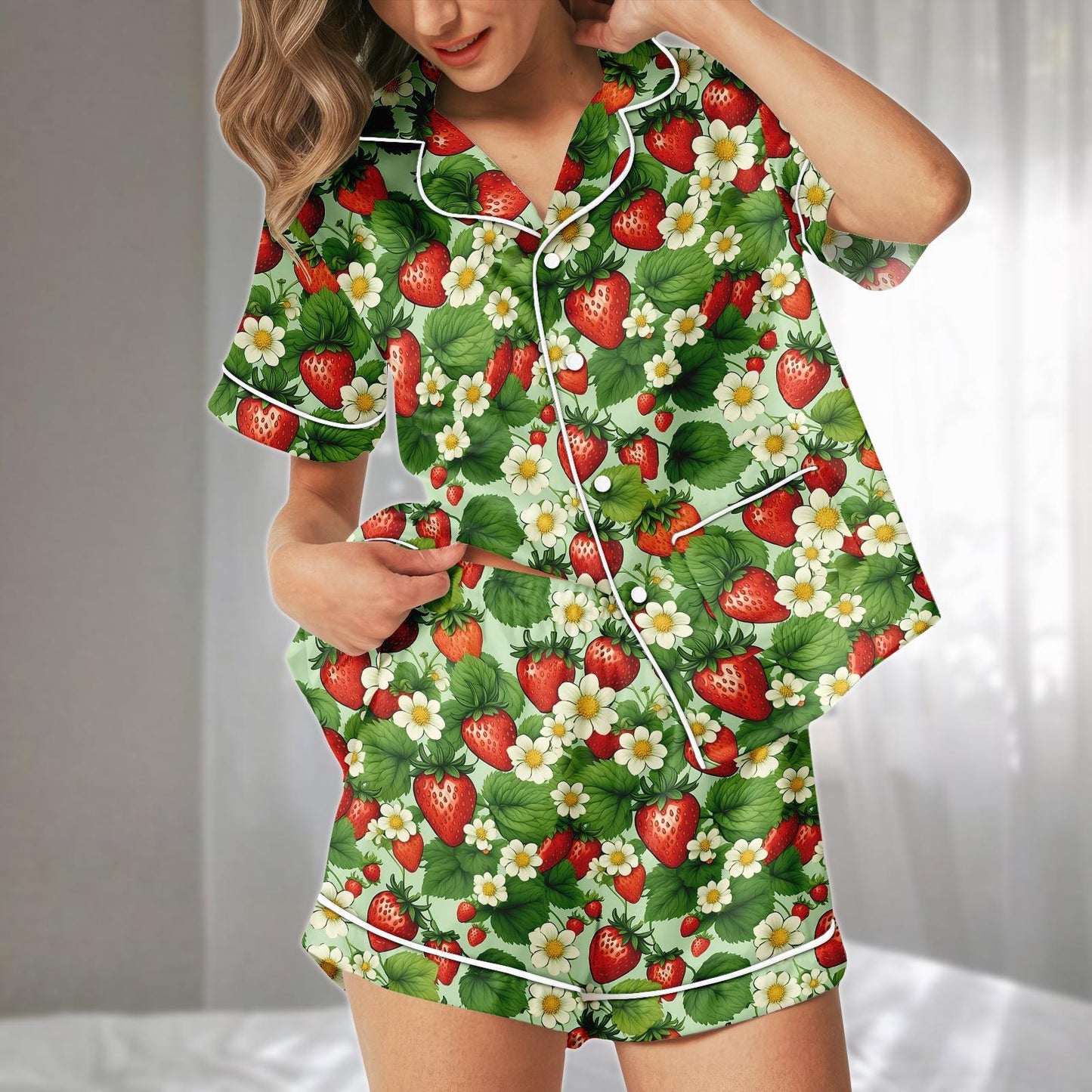 Strawberry Floral Satin Short Pajamas Set, Summer Fruit Print Sleepwear, Cute Garden Loungewear, Cute Matching Pajamas, Gift For Her