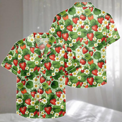 Strawberry Floral Satin Short Pajamas Set, Summer Fruit Print Sleepwear, Cute Garden Loungewear, Cute Matching Pajamas, Gift For Her