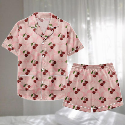 Cherry Satin Pajamas Set, Pink Retro Fruit Pattern Short Sleepwear, Cute Girly Loungewear, Family Matching Pajamas, Gift For Her