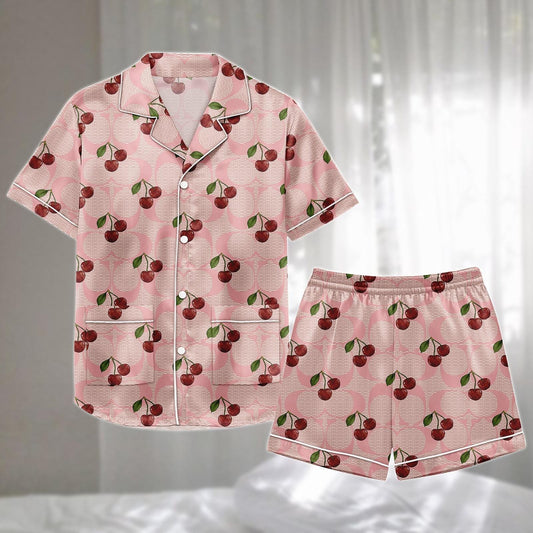 Cherry Satin Pajamas Set, Pink Retro Fruit Pattern Short Sleepwear, Cute Girly Loungewear, Family Matching Pajamas, Gift For Her