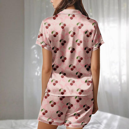 Cherry Satin Pajamas Set, Pink Retro Fruit Pattern Short Sleepwear, Cute Girly Loungewear, Family Matching Pajamas, Gift For Her