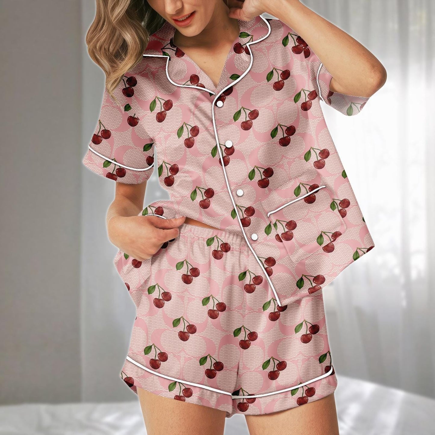 Cherry Satin Pajamas Set, Pink Retro Fruit Pattern Short Sleepwear, Cute Girly Loungewear, Family Matching Pajamas, Gift For Her