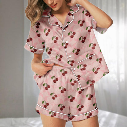 Cherry Satin Pajamas Set, Pink Retro Fruit Pattern Short Sleepwear, Cute Girly Loungewear, Family Matching Pajamas, Gift For Her