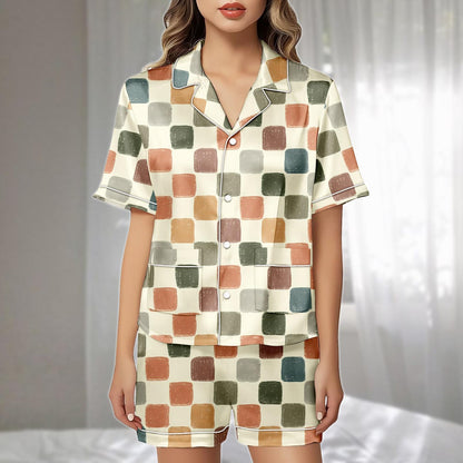 Retro Checkered Satin Pajamas Set, Colorful Square Print Sleepwear, Artistic Minimal Loungewear, Cute Matching Pajamas, Funny Gift