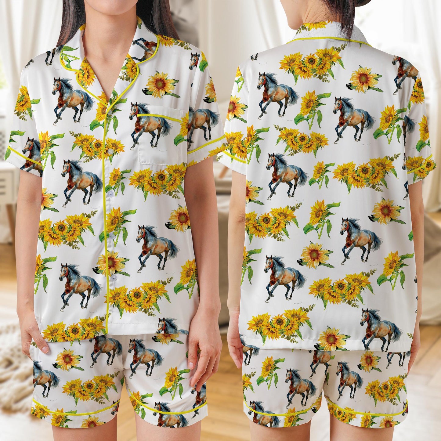 Horse Sunflower AOP Satin Short-Sleeve Pajamas Set, Western Country Sleepwear, Soft Silky Pajamas Set  for Women, Cowgirl Gift Loungewear