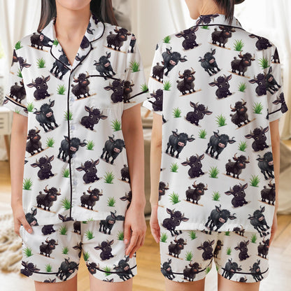 Angus Cow AOP Satin Short-Sleeve Pajamas Set, Farm Animal Sleepwear, Silky Soft Pajamas Set for Women Men, Country Cow Lover Gift