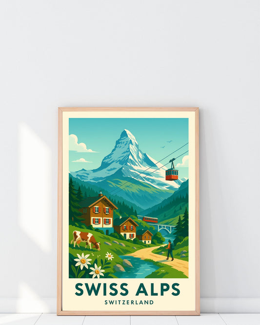 Swiss Alps Travel Poster Wall Art, Vintage Switzerland Alps Print, Modern Home Décor, Bright Birthday & Wedding Gift Artwork, Swiss Mountain