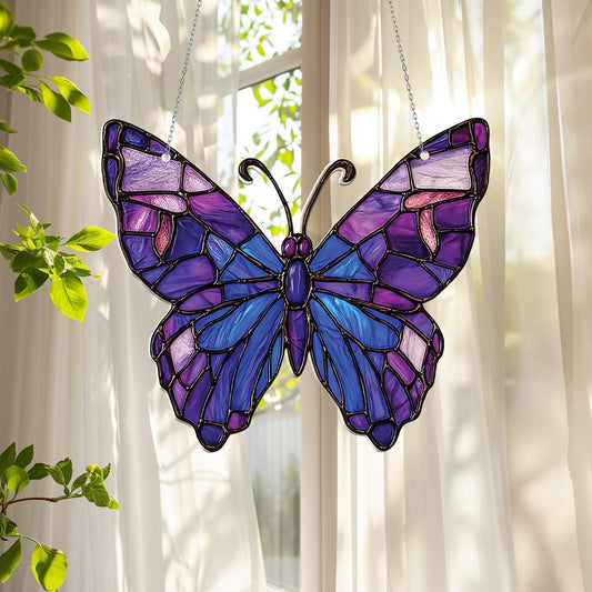 Elegant Stained Glass Butterfly Window Hanging – Purple and Blue Wings Design, Perfect for Adding a Whimsical, Nature-Inspired Touch
