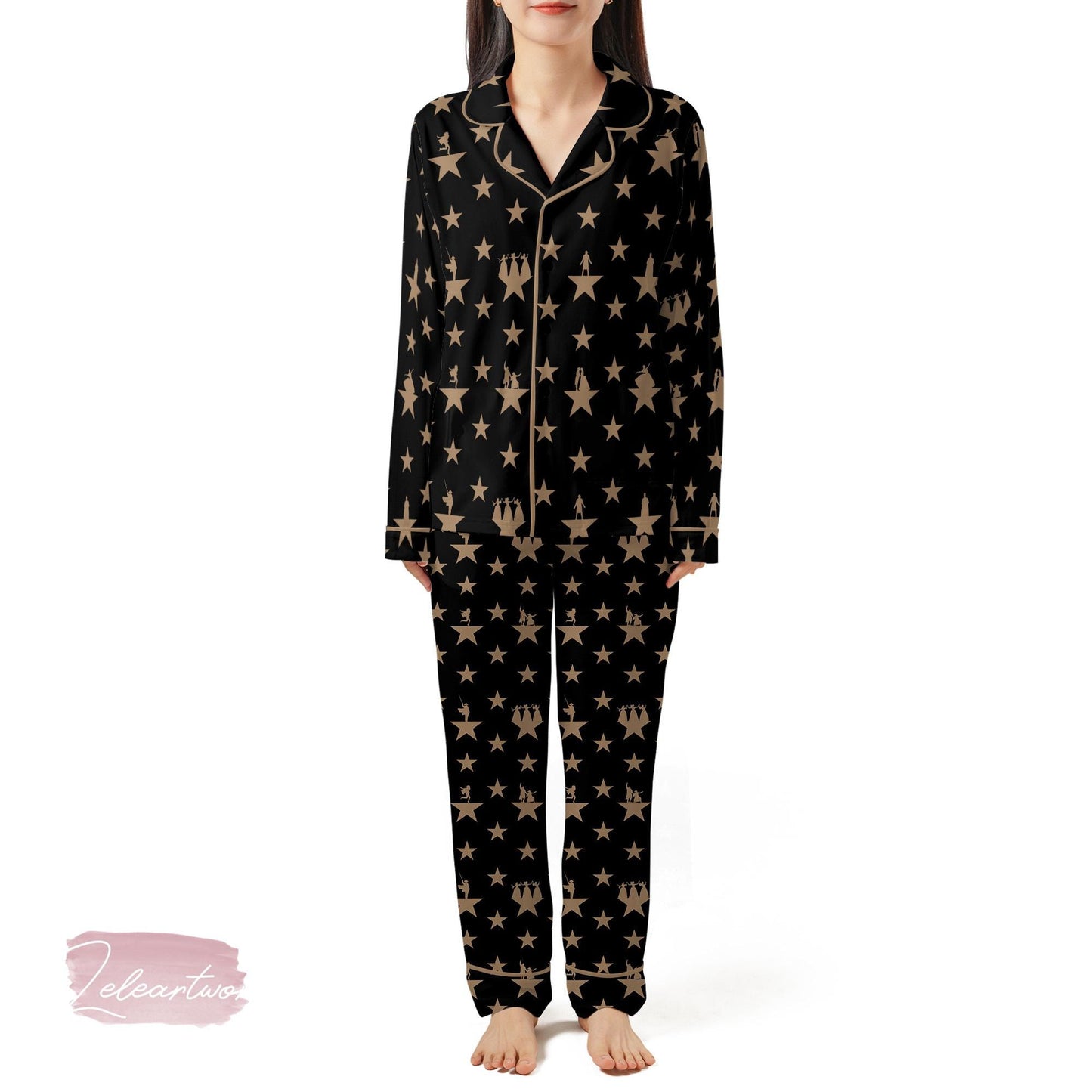 Hamilton Star Silky Satin Pajama Set For Women | Broadway Musical Sleepwear | Gold Star Pattern PJs | Gift for Theater Fans