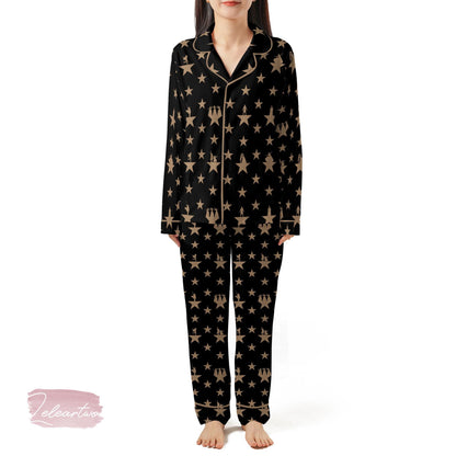 Hamilton Star Silky Satin Pajama Set For Women | Broadway Musical Sleepwear | Gold Star Pattern PJs | Gift for Theater Fans