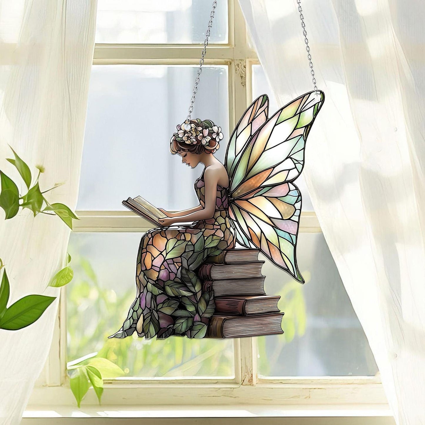 Butterfly Fairy Reading Book Acrylic Window Hanging, Whimsical Fairy Ornament, Book Lovers Gift, Enchanted Forest Gift, Fairy Garden Decor
