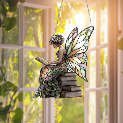 Butterfly Fairy Reading Book Acrylic Window Hanging, Whimsical Fairy Ornament, Book Lovers Gift, Enchanted Forest Gift, Fairy Garden Decor