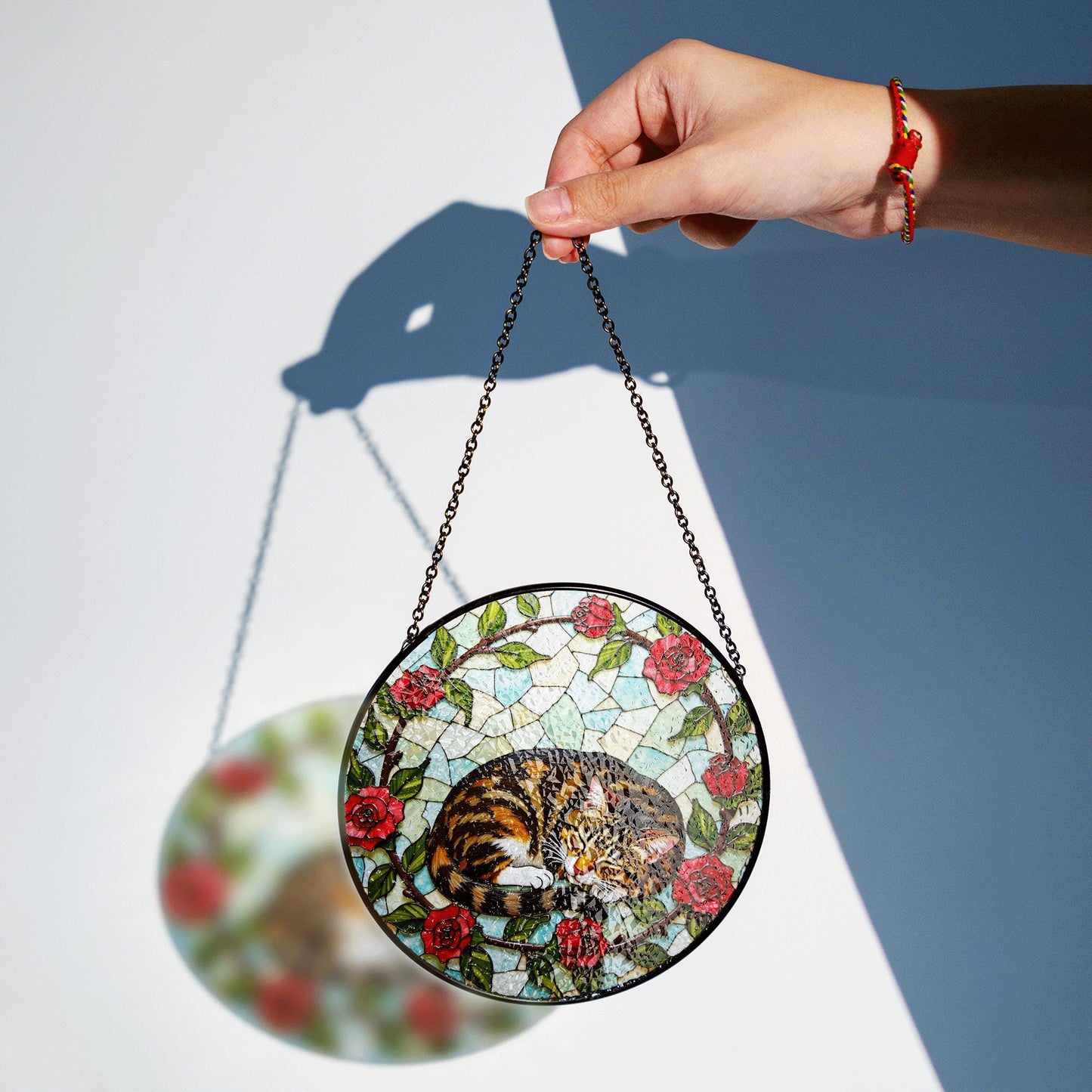 Sleeping tabby cat with roses round stained glass suncatcher gift for cat lover