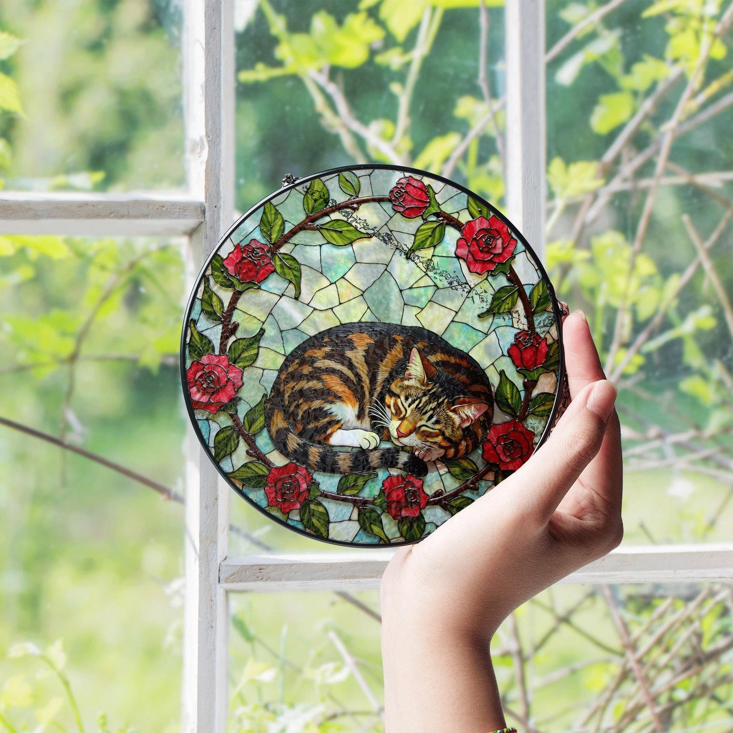 Sleeping tabby cat with roses round stained glass suncatcher gift for cat lover
