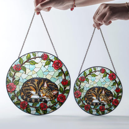 Sleeping tabby cat with roses round stained glass suncatcher gift for cat lover