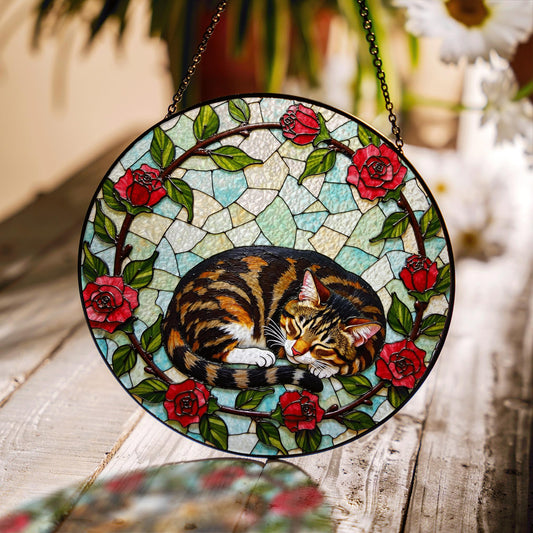 Sleeping tabby cat with roses round stained glass suncatcher gift for cat lover