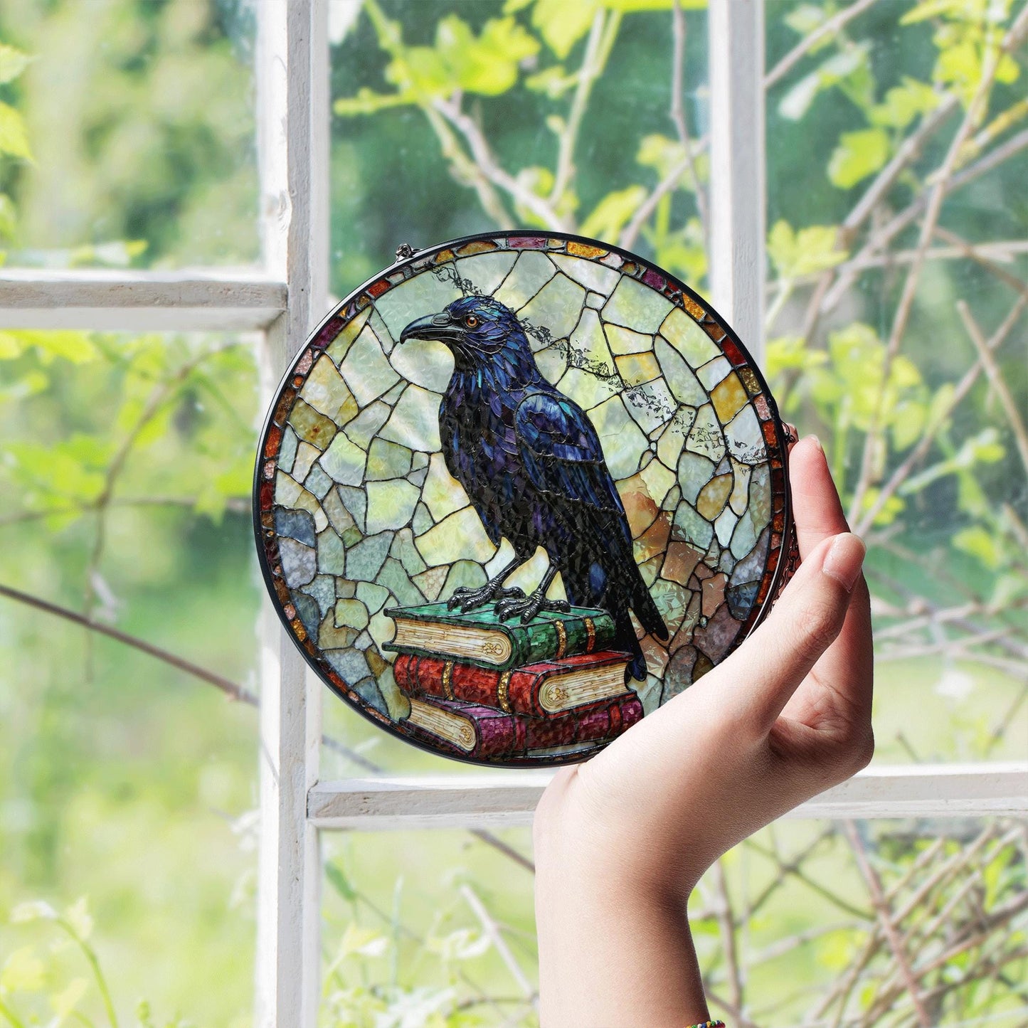 Raven on Books Round Suncatcher Gothic Window Art Gift for Book Lovers