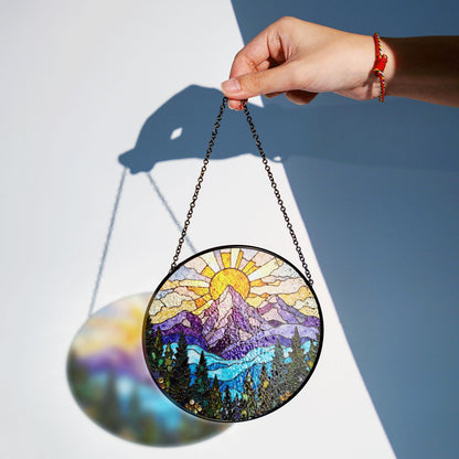 vibrant mountain sunrise suncatcher stained glass window hanging gift for nature lovers