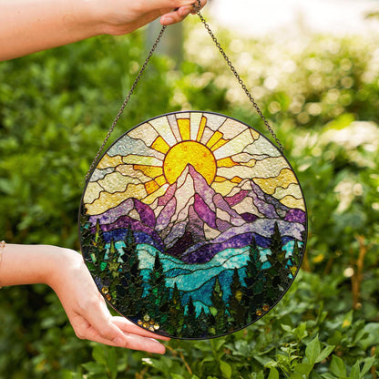 vibrant mountain sunrise suncatcher stained glass window hanging gift for nature lovers