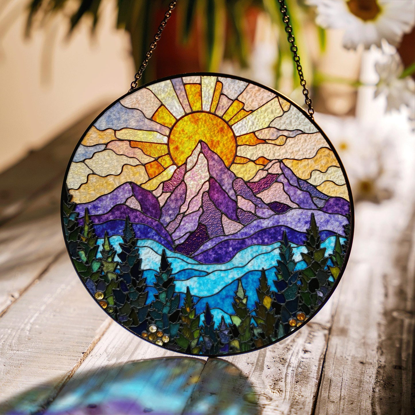 vibrant mountain sunrise suncatcher stained glass window hanging gift for nature lovers