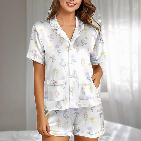 Pastel Floral Satin Pajama Short Set, Flowers Women Sleepwear, Nature Lovers Summer Nightwear, Cute Holiday Pajamas, Cute Gift For Her