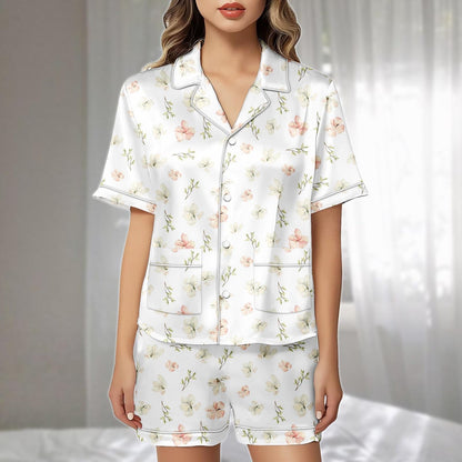 Floral Satin Pajamas Short Set, Soft Summer Sleepwear, Cute Flower Lounge, Nature Lovers Matching Pjs, Birthday Gift For Her