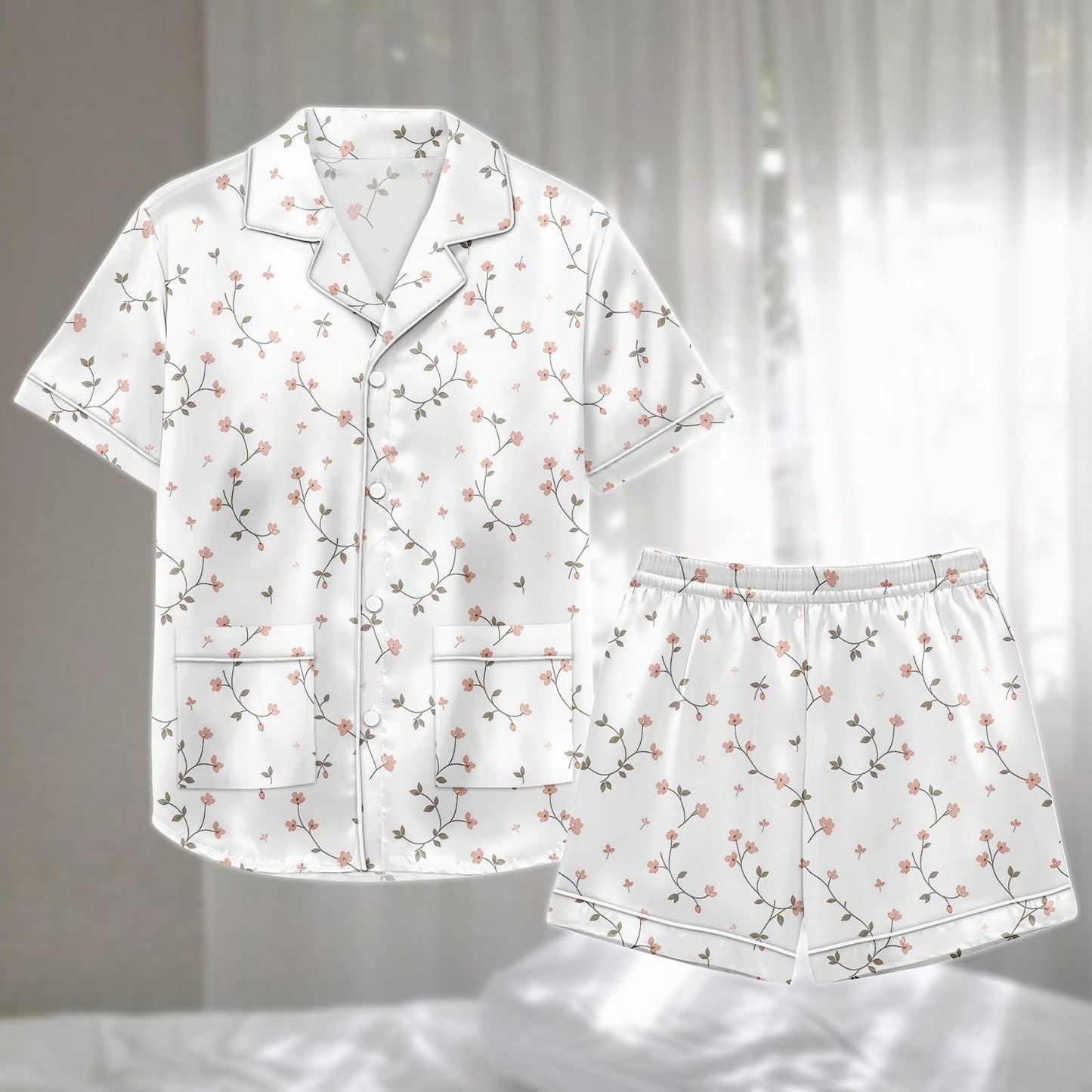 Delicate Floral Satin Pajama Short Set, Elegant Vine Flower Sleepwear, Summer Matching Pjs Women Nightwear, Birthday Gift Idea For Her