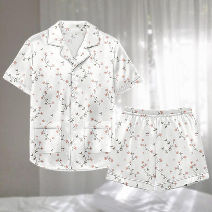 Delicate Floral Satin Pajama Short Set, Elegant Vine Flower Sleepwear, Summer Matching Pjs Women Nightwear, Birthday Gift Idea For Her