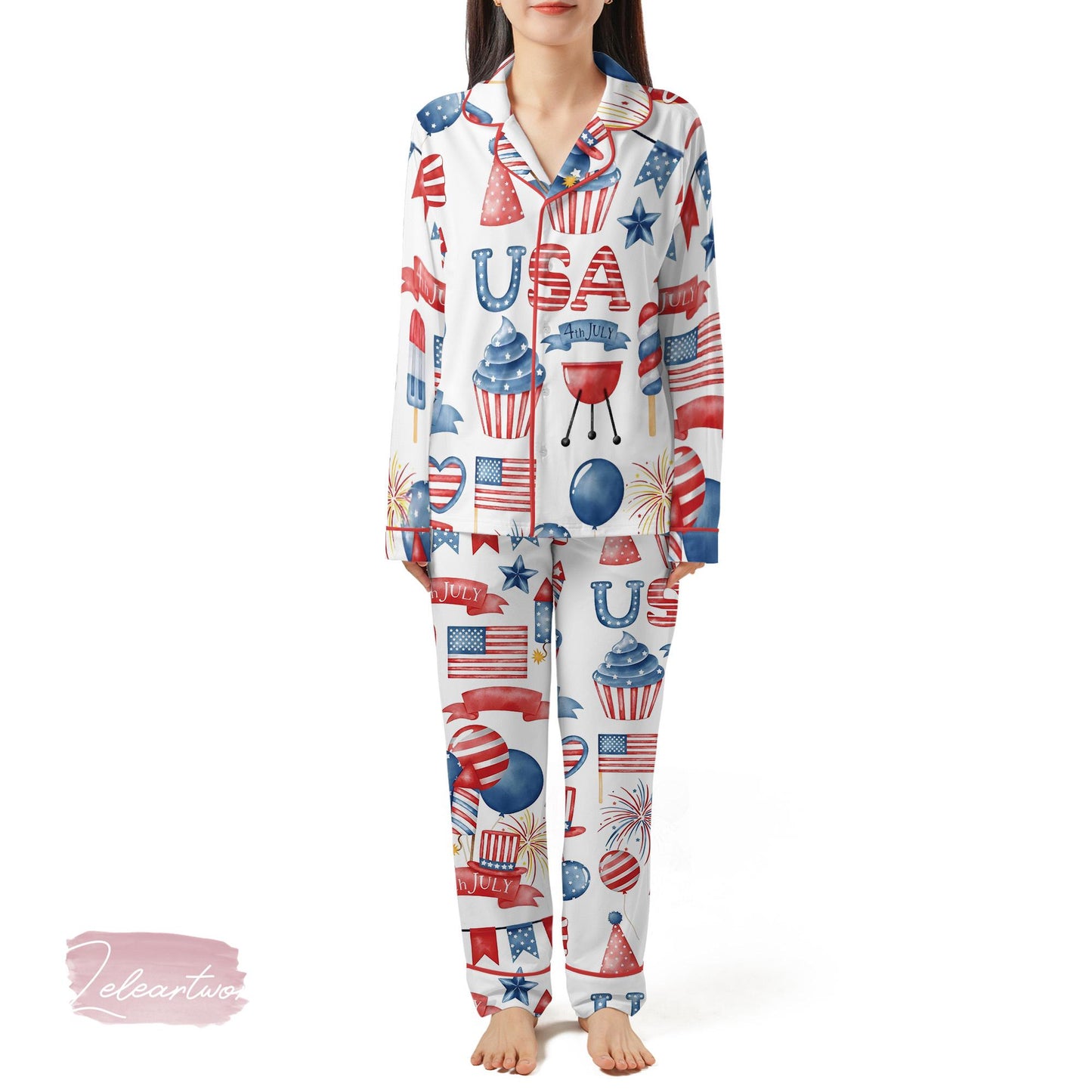 4th of July BBQ Set | Silky Satin Patriotic Pajama Set For Women | Red White And Blue Summer Sleepwear | Fireworks & Cookout Print PJs