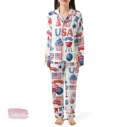 4th of July BBQ Set | Silky Satin Patriotic Pajama Set For Women | Red White And Blue Summer Sleepwear | Fireworks & Cookout Print PJs