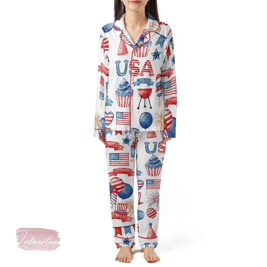 4th of July BBQ Set | Silky Satin Patriotic Pajama Set For Women | Red White And Blue Summer Sleepwear | Fireworks & Cookout Print PJs