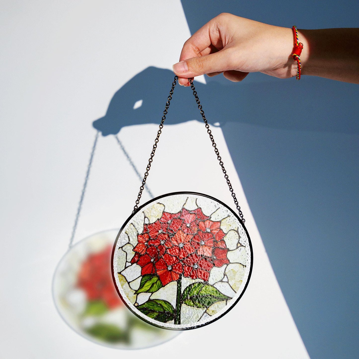 Red Hydrangea Flower Stained Glass Round Suncatcher for Garden Gift