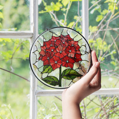Red Hydrangea Flower Stained Glass Round Suncatcher for Garden Gift